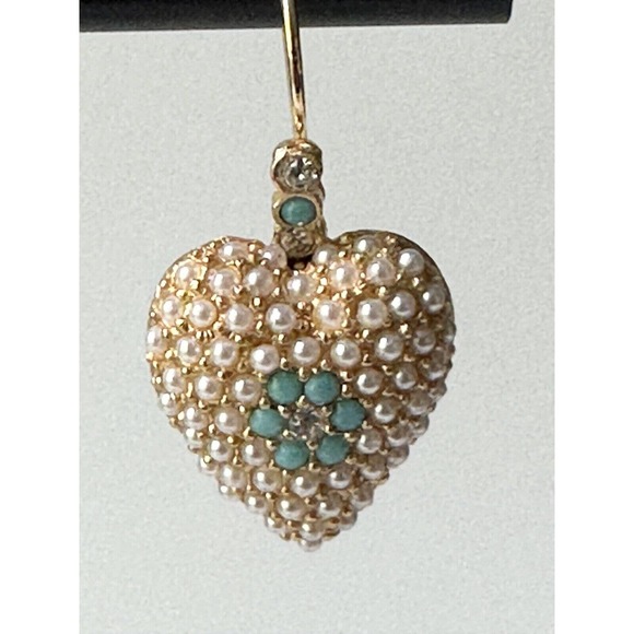 Linda Levinson SIGNED Heart Drop Gold Faux Pearl Turquoise Crystal Pave Earrings - Picture 8 of 16